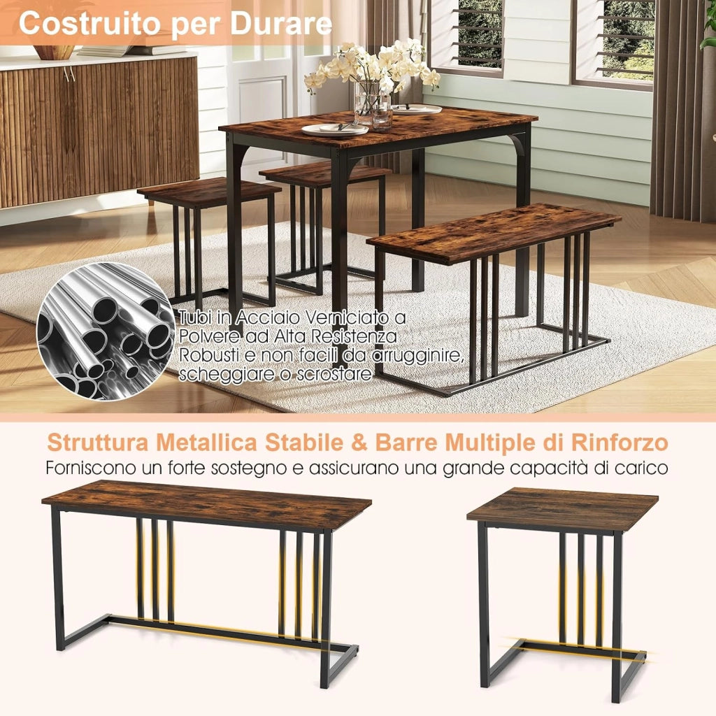 Set Tavolo da Pranzo 4 Pezzi 120x60x75cm, Tavolo da Cucina con 2 SgabellI e Panca in Stile Industriale per Sala da Pranzo, Bar e Ristorante (Marrone)