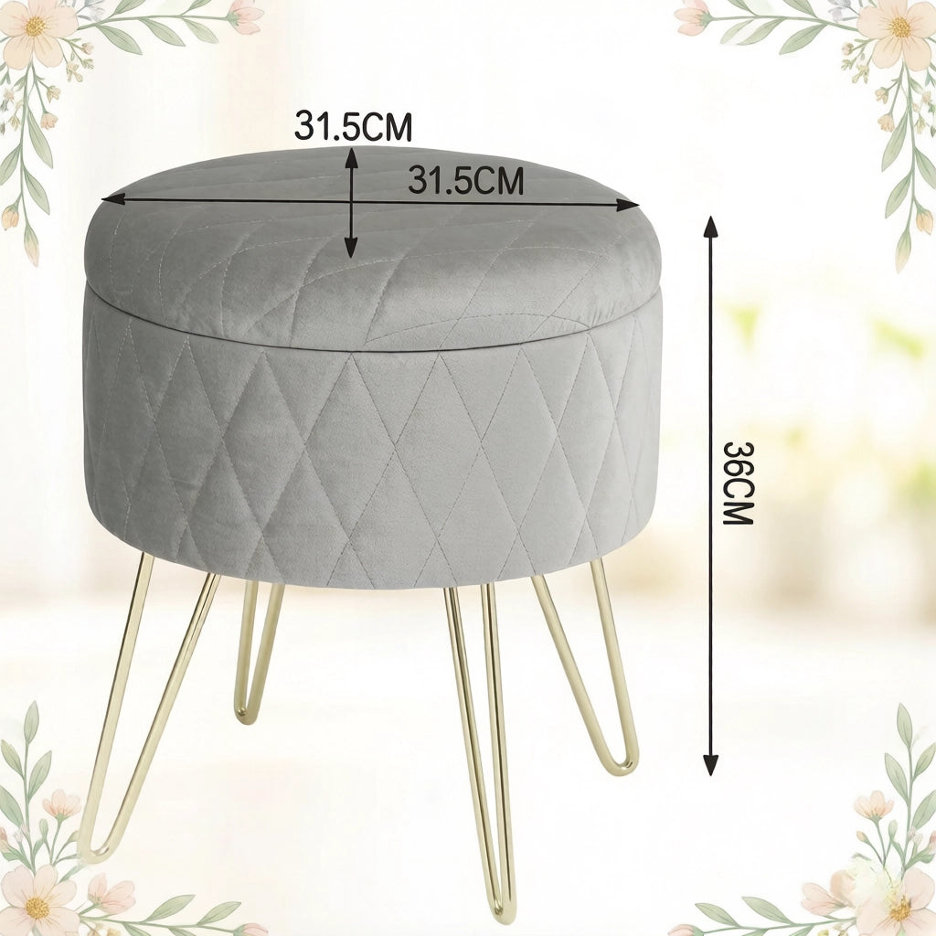 Pouf contenitore rotondo in velluto grigio chiaro con struttura in metallo, 31,5x31,5x36 cm