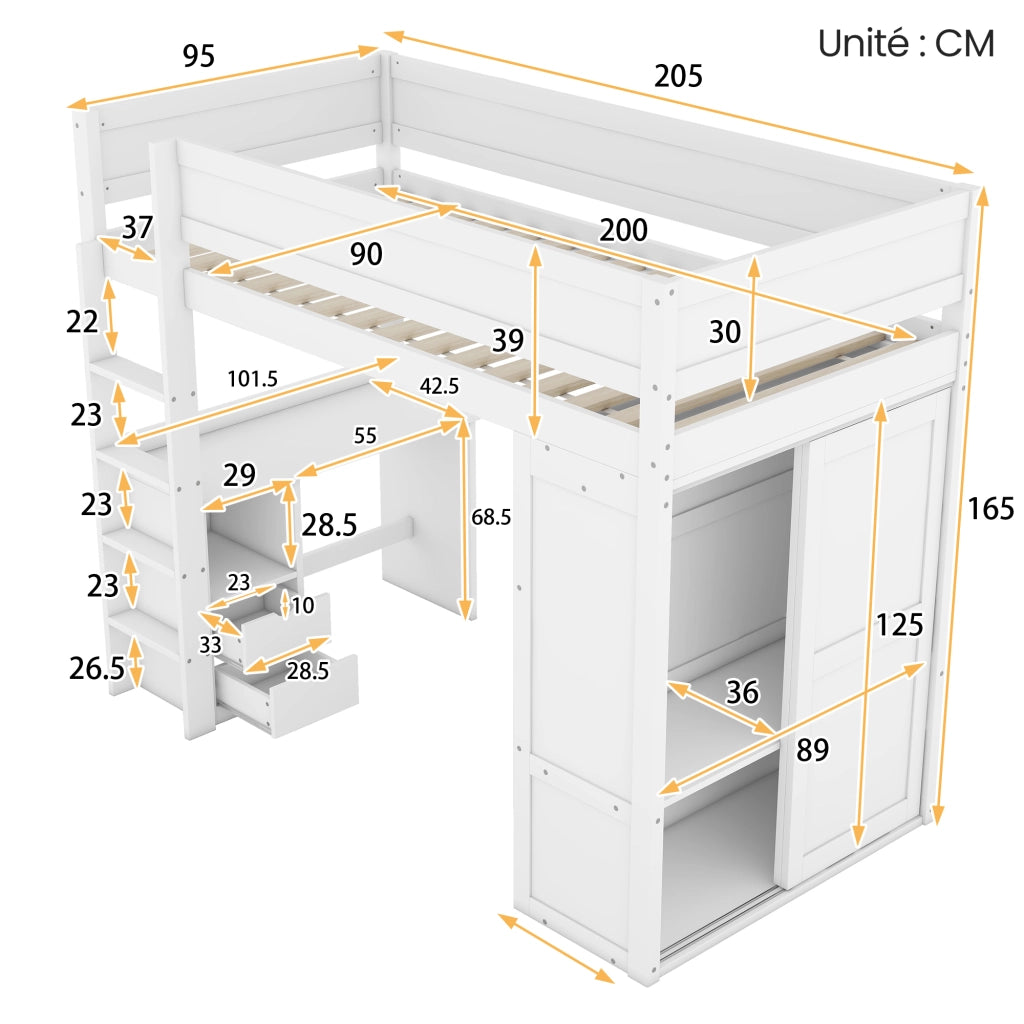 OKWISH Letto a Soppalco 90×200 cm, Letto Singolo con Armadio, Scrivania e 2 Cassetti, senza Materasso, in Pino e MDF, Bianco