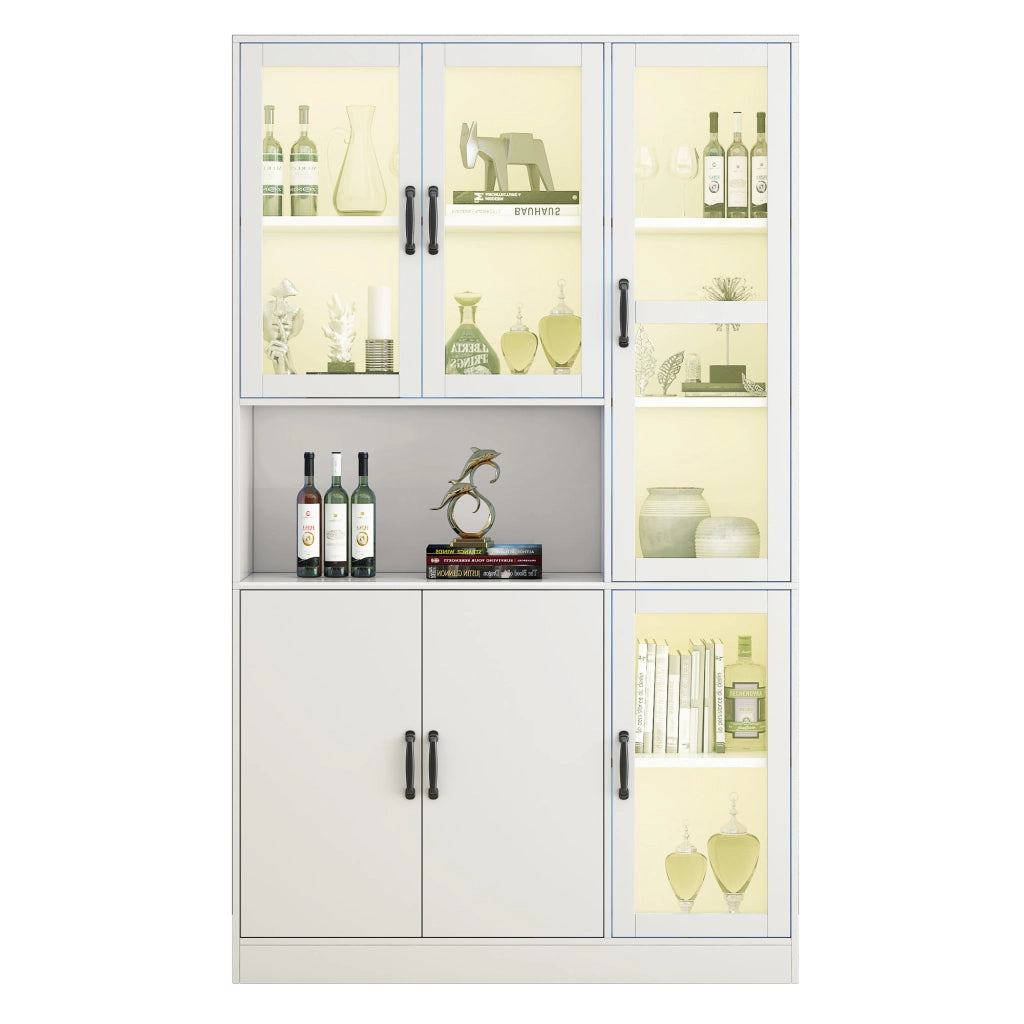 Libreria vetrina bianca con LED, ante in vetro HD, 9 vani, 120x40x200 cm, mobile contenitore multiuso