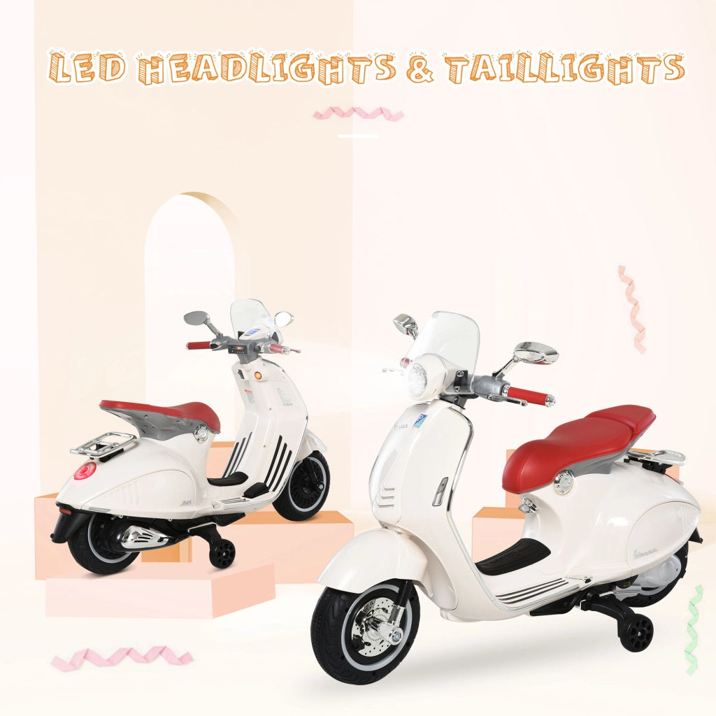 EasyComfort Moto Elettrica per Bambini con Licenza Ufficiale Vespa, 2 Rotelle, Luci e Suoni, 108x49x75 cm, Bianca