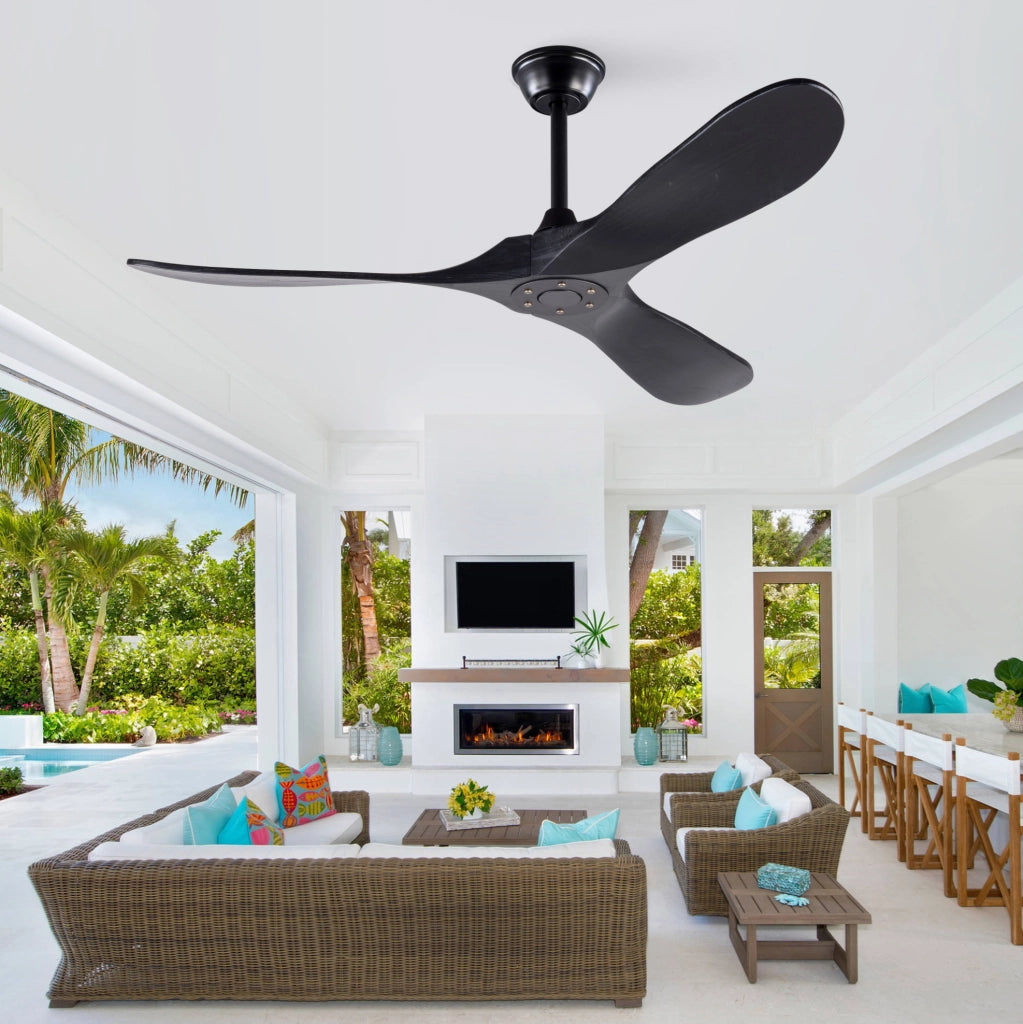 Ventilatore da soffitto 52" nero con 3 pale in legno di Paulownia, telecomando, 6 velocità