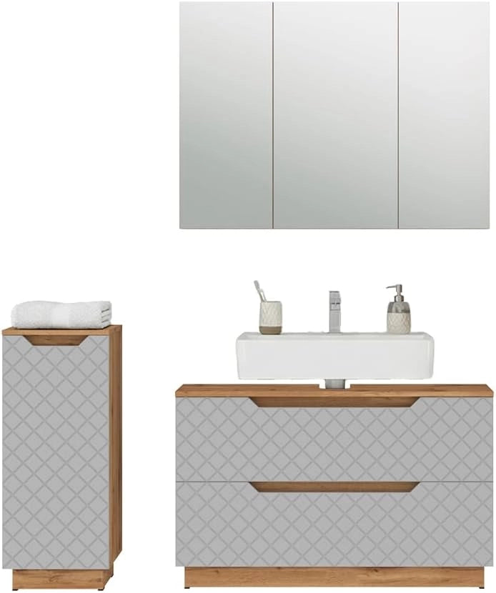 Set di mobili da bagno Lotta, Rovere/grigio con struttura in piastrelle, 3 parti