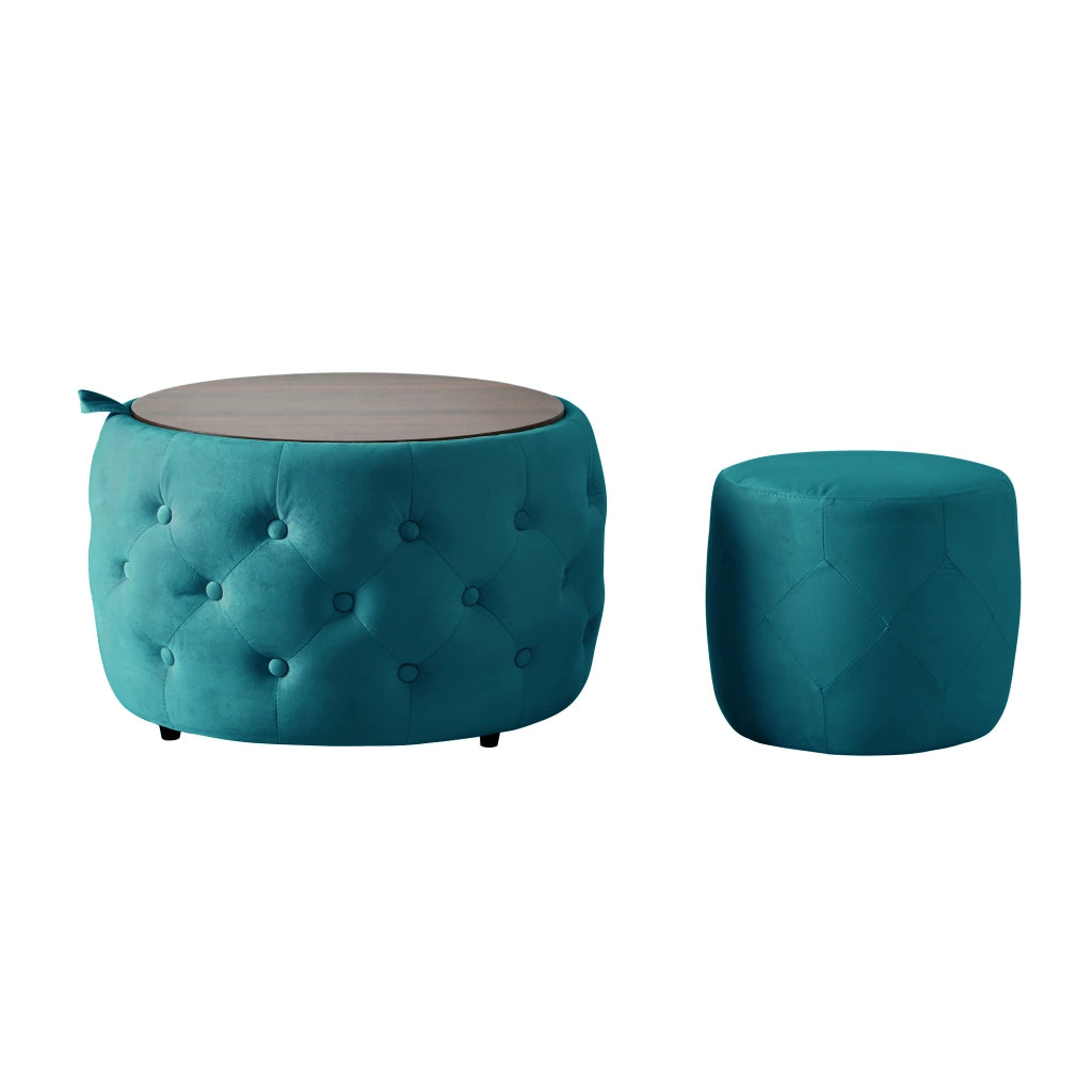 Poltrona pouf contenitore - con vassoio in legno e design impilabile - in velluto blu