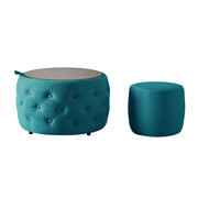 Poltrona pouf contenitore - con vassoio in legno e design impilabile - in velluto blu
