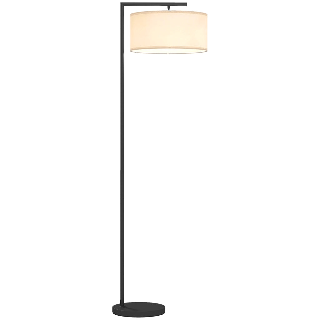 Stehleuchte, Stehlampe, E27 Sockel, Schwarz, weißer Stoffschirm, Fußschalter, Eisen, 47 x 37 x 153 cm