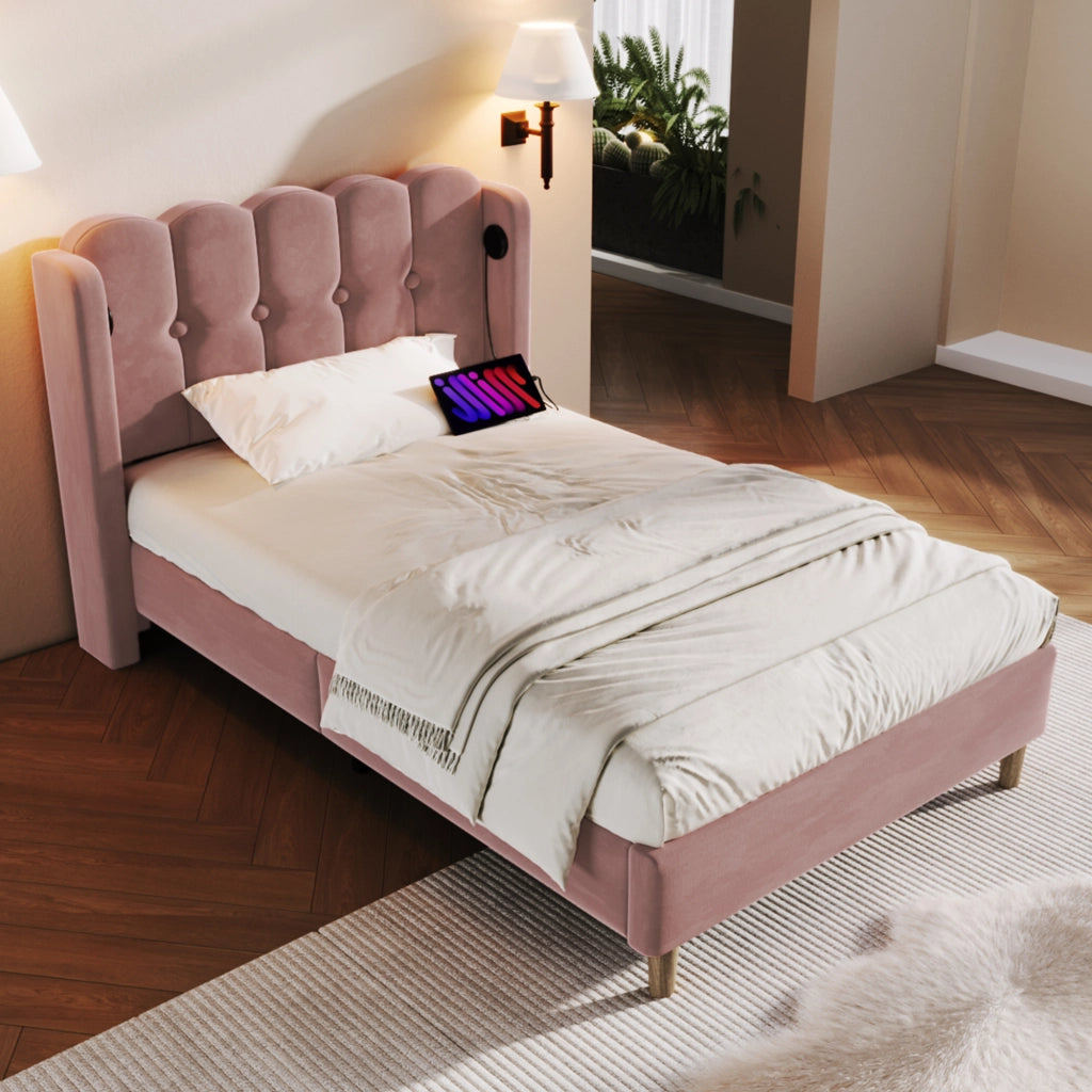 OKWISH Letto Singolo 90×200 cm con Porte USB, Tipo C e Testiera, senza Materasso, in Velluto, Rosa