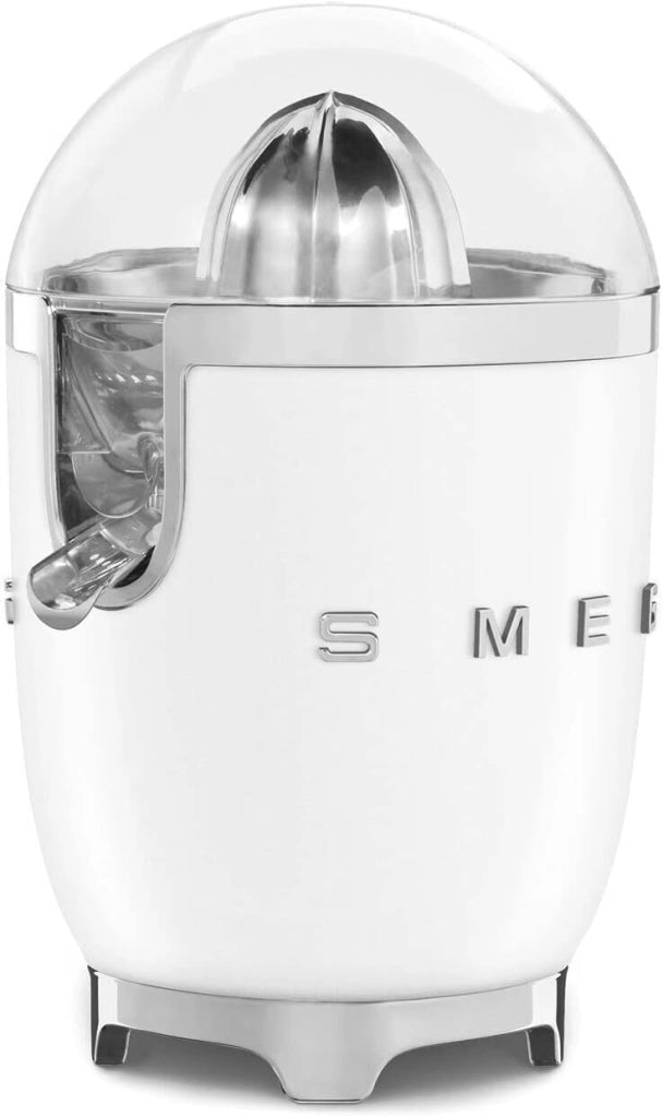 Smeg, spremiagrumi elettrico cjf11whmeu, spremitura a pressione manuale, beccuccio antigoccia e cono universale, base antiscivolo, avvolgicavo integrato, 70w, bianco