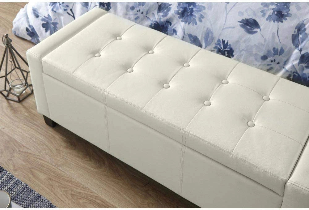 Cassapanca Pouf Contenitore Panca Fondoletto 110x40x40 cm in Legno e Eco Pelle Avorio