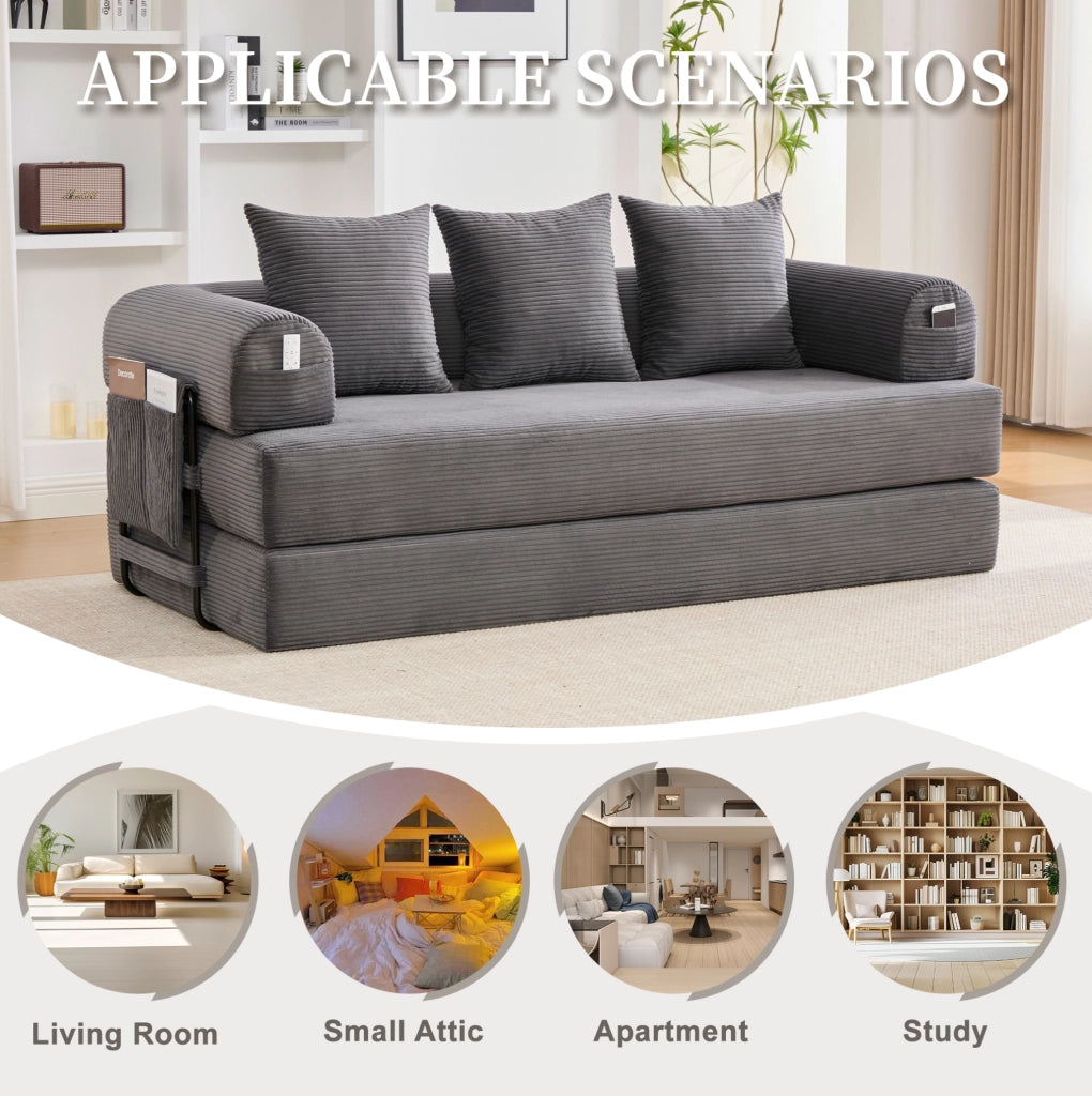 Divano modulare 200x94x67 cm con tasca laterale e 3 cuscini; tessuto a coste grigio scuro