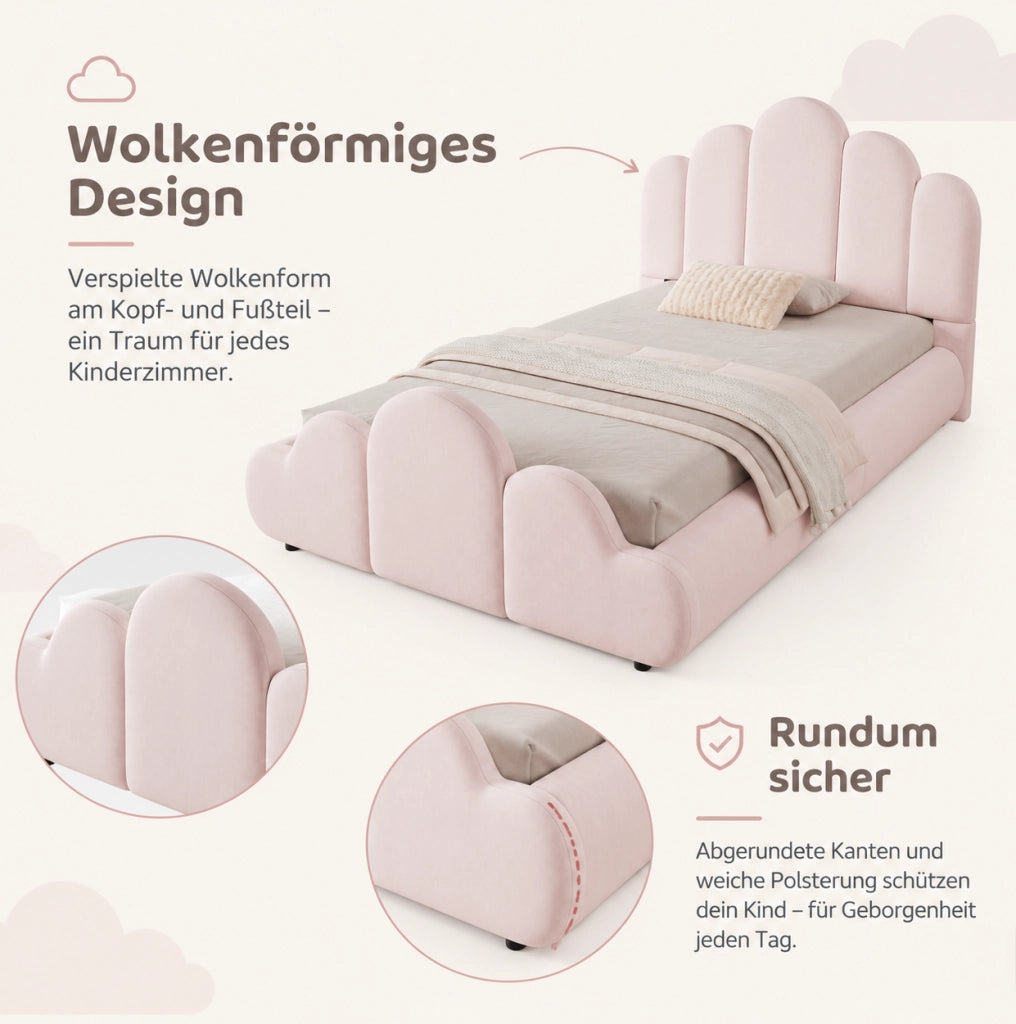 Letto imbottito per bambini 90 x 200 cm in velluto rosa con angoli arrotondati