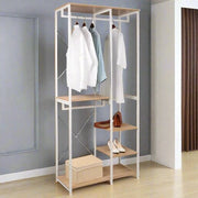 Kledingrek - Hangers per Abito - Kledingrek in Metallo - Capstok in Legno e Acciaio – Appoggio per Abiti - Hanger per Abiti Stante - con Scomparti per Maglioni - Raccogli Scarpe per Camera da Letto - 90x40x204.5cm - Bianco e Legno di Quercia chiaro