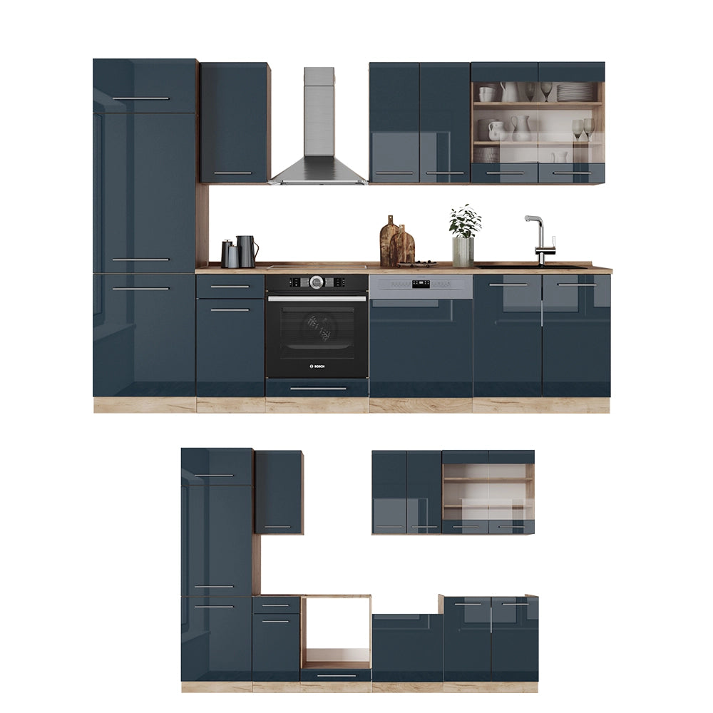 Cucina componibile Fame-Line Blu scuro lucido/Rovere dorato 300 cm, PL Marmo Vicco