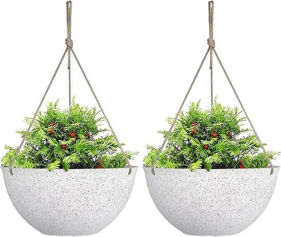 Bacini per piante - Bacino per piante appeso - 25 cm bianco a macchie - Set da 2 - Con fori di drenaggio e stoppini - Decorazione boho per giardino