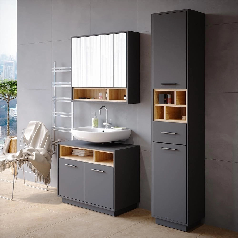Mobile sottolavabo per bagno Beatrice, Antracite, 80 x 64 cm, con ritaglio per sifone e ripiani aperti