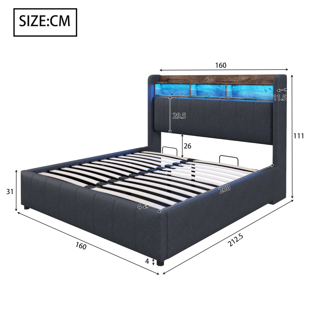 Letti contenitori 160x200 cm con LED regolabili; contenitore idraulico; tessuto di lino grigio