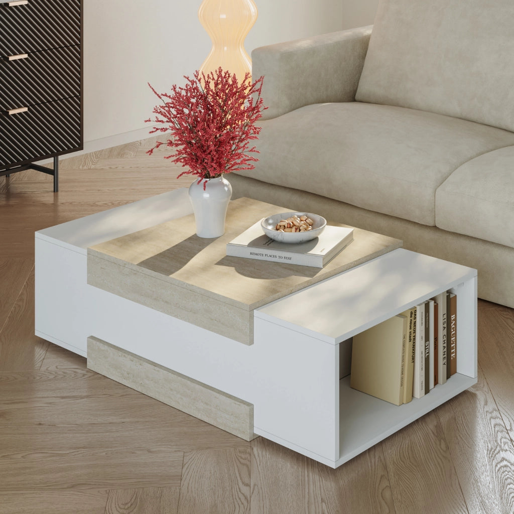 Tavolino da Salotto Eljak con Scomparti Laterali 110x57x31 cm Bianco / Avorio Travertin [en.casa]
