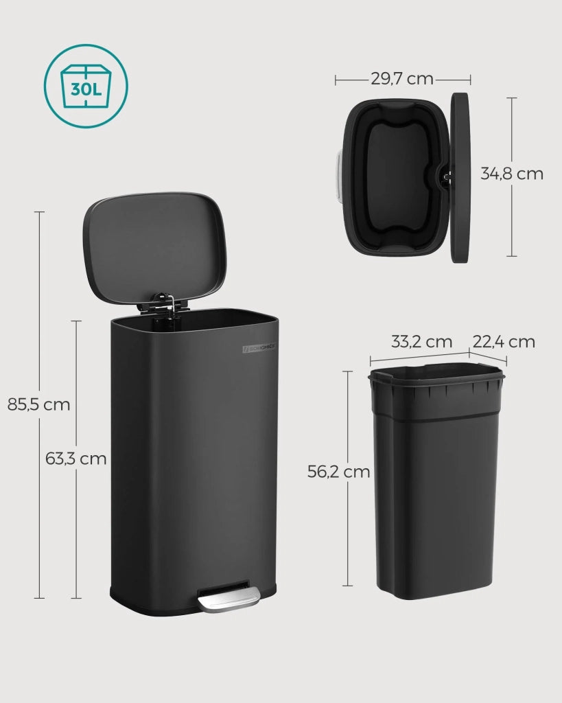 Pattumiera a pedale in acciaio inox 34,8 x 29,7 x 63,3 cm secchio interno in plastica capacità 30 litri coperchio con chiusura ammortizzata antiodore argento/nero 12_0007202