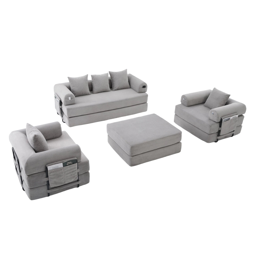 Divano modulare in velluto a coste grigio chiaro con poltrona, pouf e tasca portaoggetti