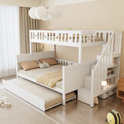 Letto a castello per bambini con scala contenitore, letto estraibile e rete a doghe, bianco