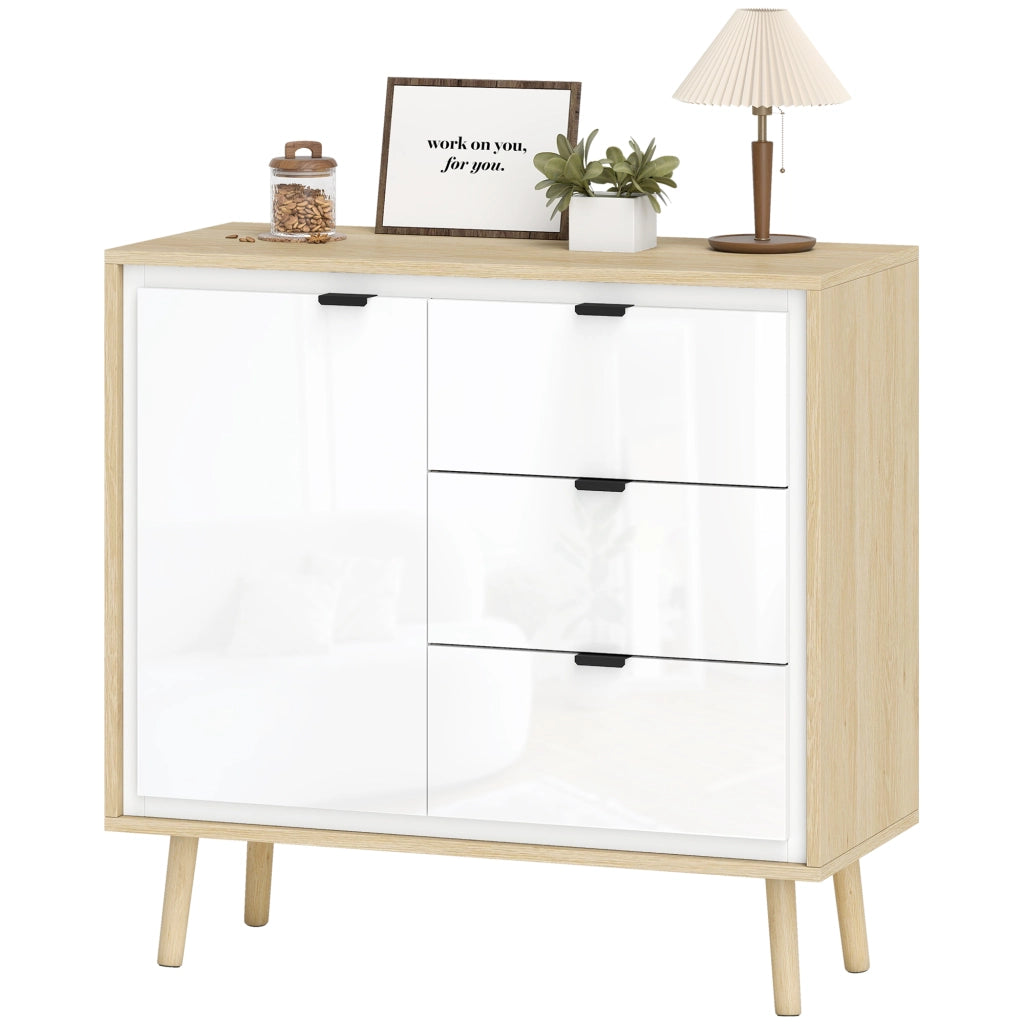 Credenza Moderna con 3 Cassetti e Armadietto. Ripiano Interno Regolabile e Ante Lucide. Bianco e Rovere