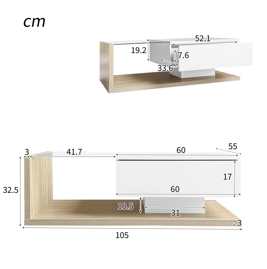 Tavolino da caffè 105 x 55 cm con vano; vetro temperato e LED 16 colori