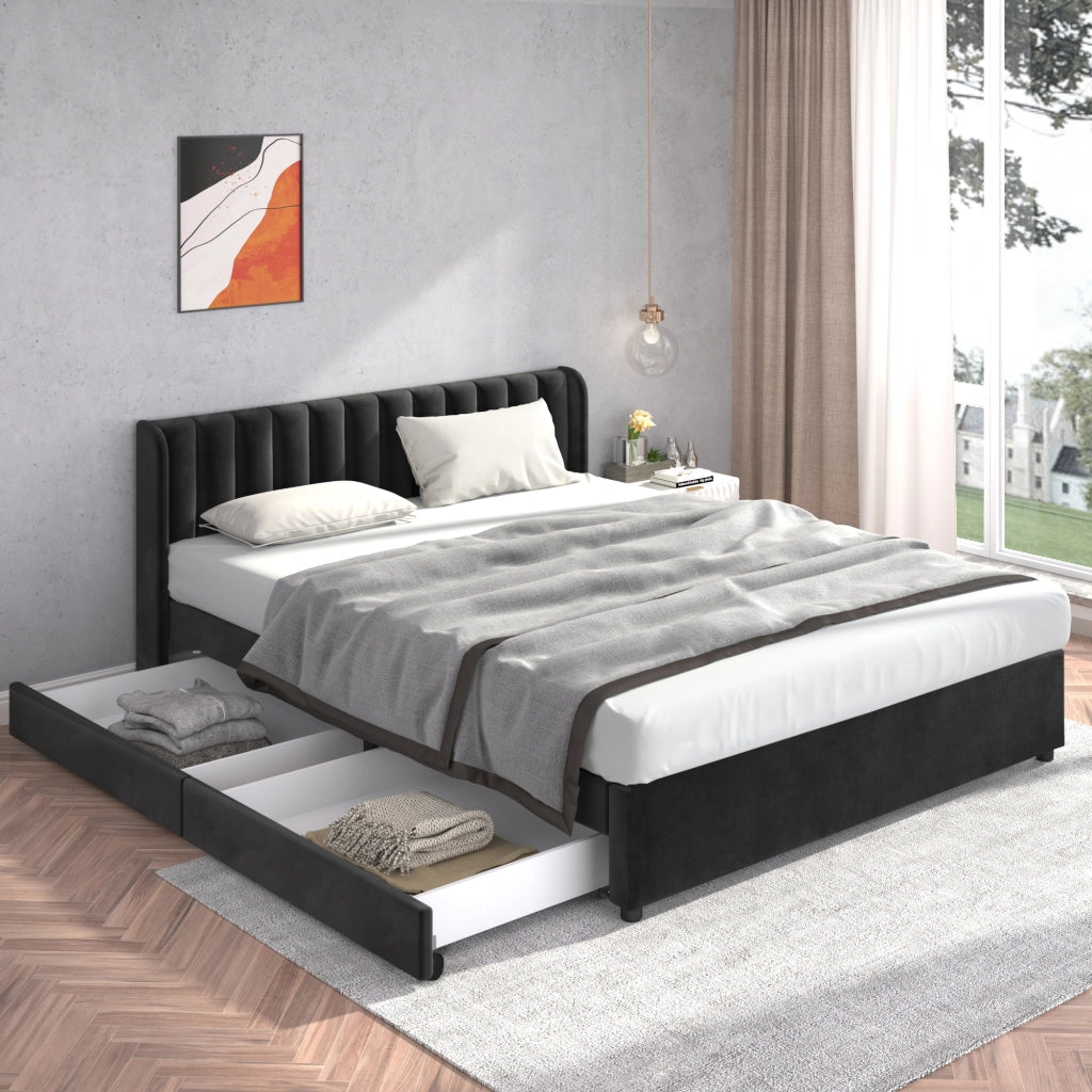Letto imbottito in velluto nero 180x200 cm con rete a doghe, testiera alta e 2 cassetti