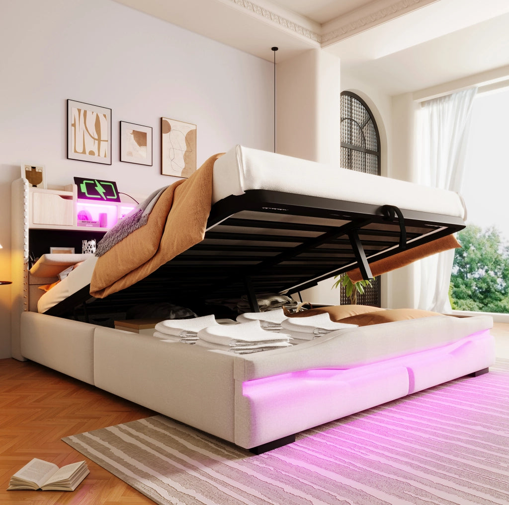 Letto imbottito 160x200 cm con contenitore e LED; prese USB e Tipo-C in lino beige