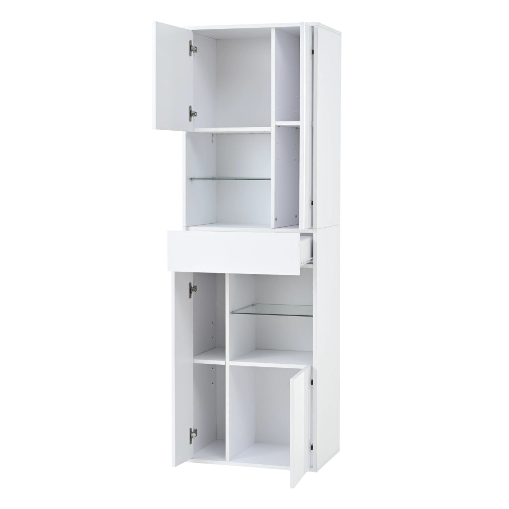 Vetrina con led e 1 cassetto, 4 ante e 11 vani, in truciolare, bianco, per soggiorno, 55 × 38 × 170 cm