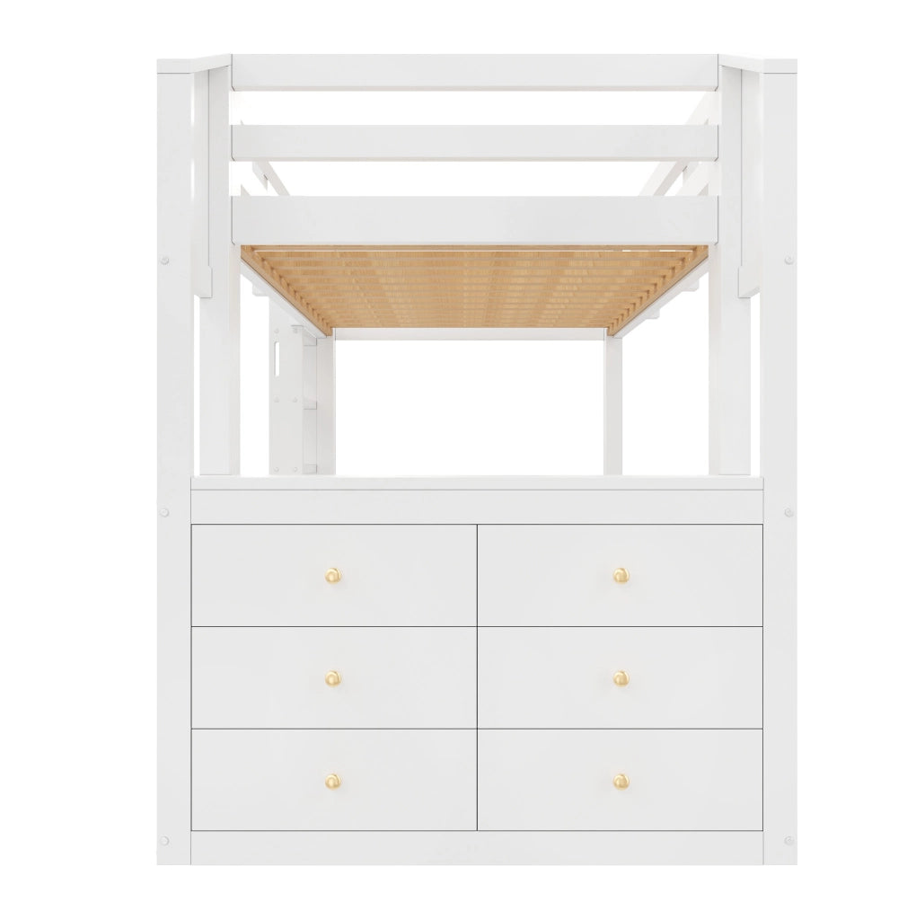 Letto a soppalco 90x200 cm con 3 cassetti; ripiani e luce LED; bianco in legno massello e MDF