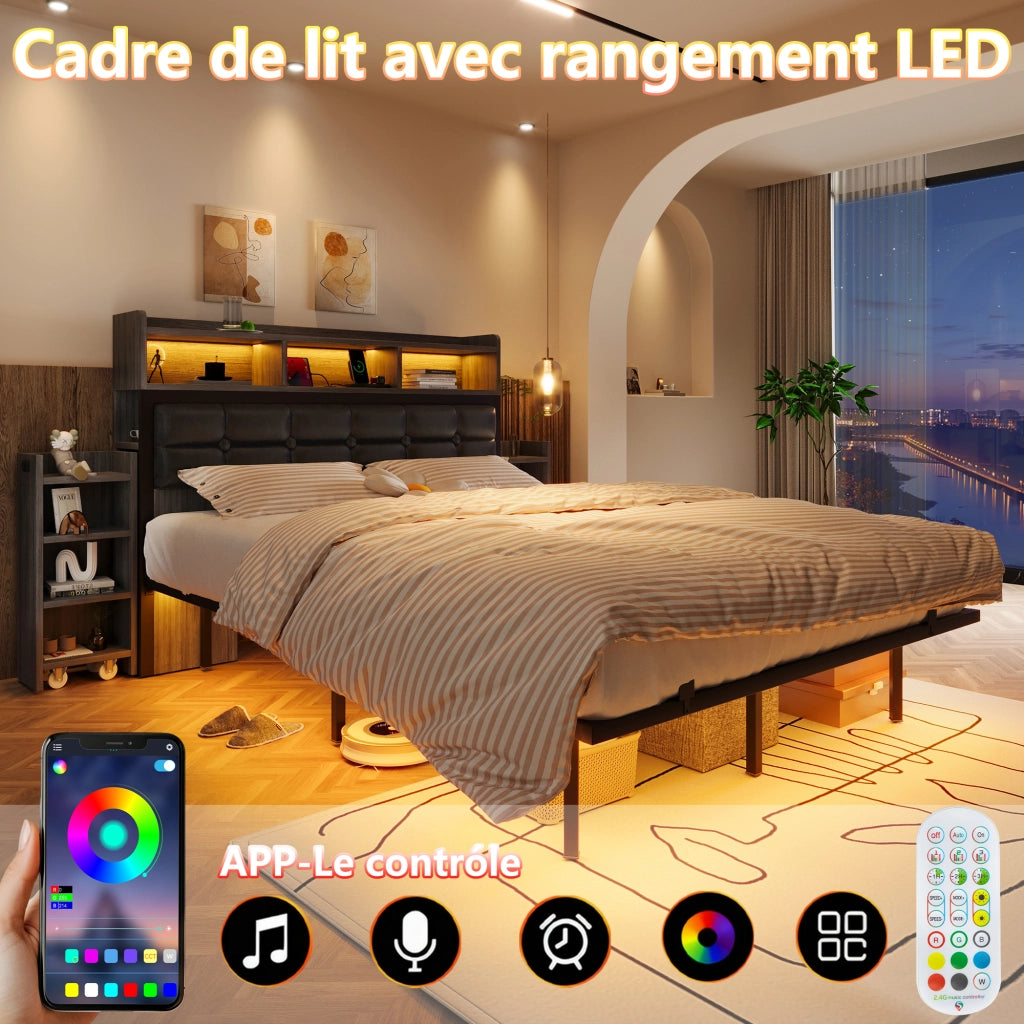 Letto matrimoniale con cassetti LED USB 140x190 cm metallo grigio