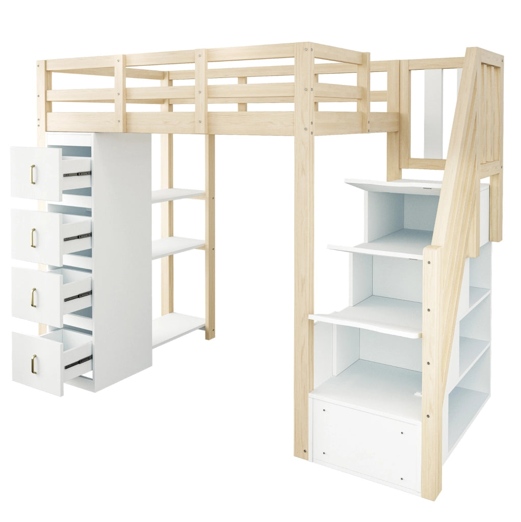 Letto a soppalco 90x200 cm in legno naturale con 4 cassetti; scaffale a 3 ripiani e scala laterale