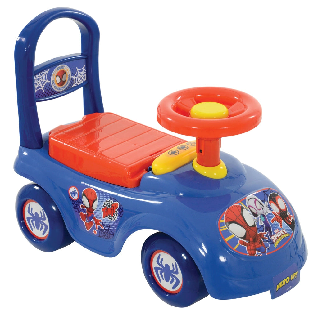 Macchina Cavalcabile per Bambini Volante Direzionabile Vano Contenitore e Telefono Marvel Spidey Blu