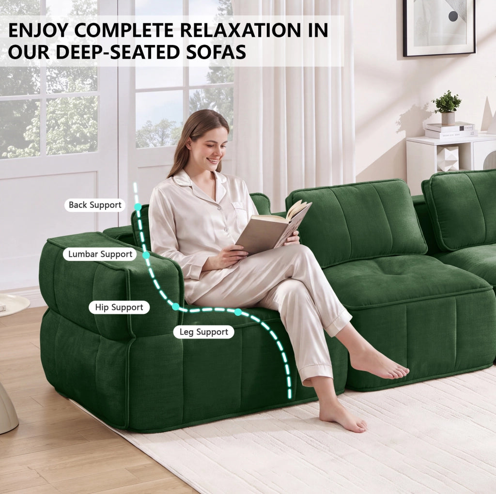 Divano modulare a L ULEVR 344x162 cm 4 posti con pouf, seduta profonda e braccioli larghi, verde