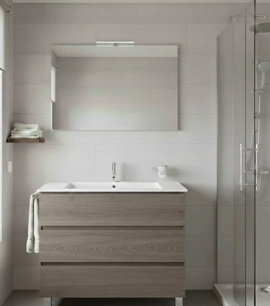 Mobile Bagno BALDER Già Montato 3 cassetti con piedini, lavabo e specchio Rovere affumicato 70x40 cm