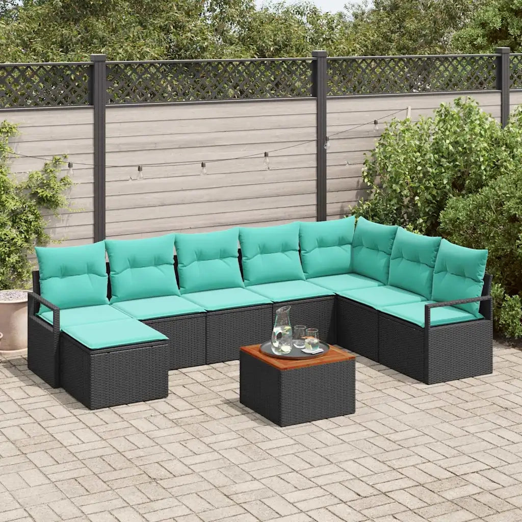 Set Divano da Giardino con cuscino 9 pcs Nero polyrattan