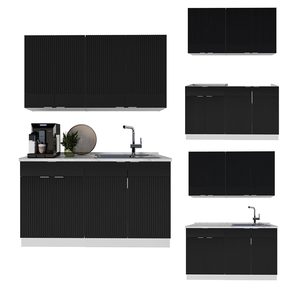Cucina completa Fame-Line Nero rigato/Bianco 140 cm, PL Rovere Vicco