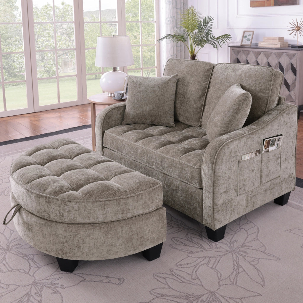 Divano Letto 2 Posti con Funzione Letto e Pouf Contenitore, Design Compatto, in Tessuto ed Eucalipto, Marrone