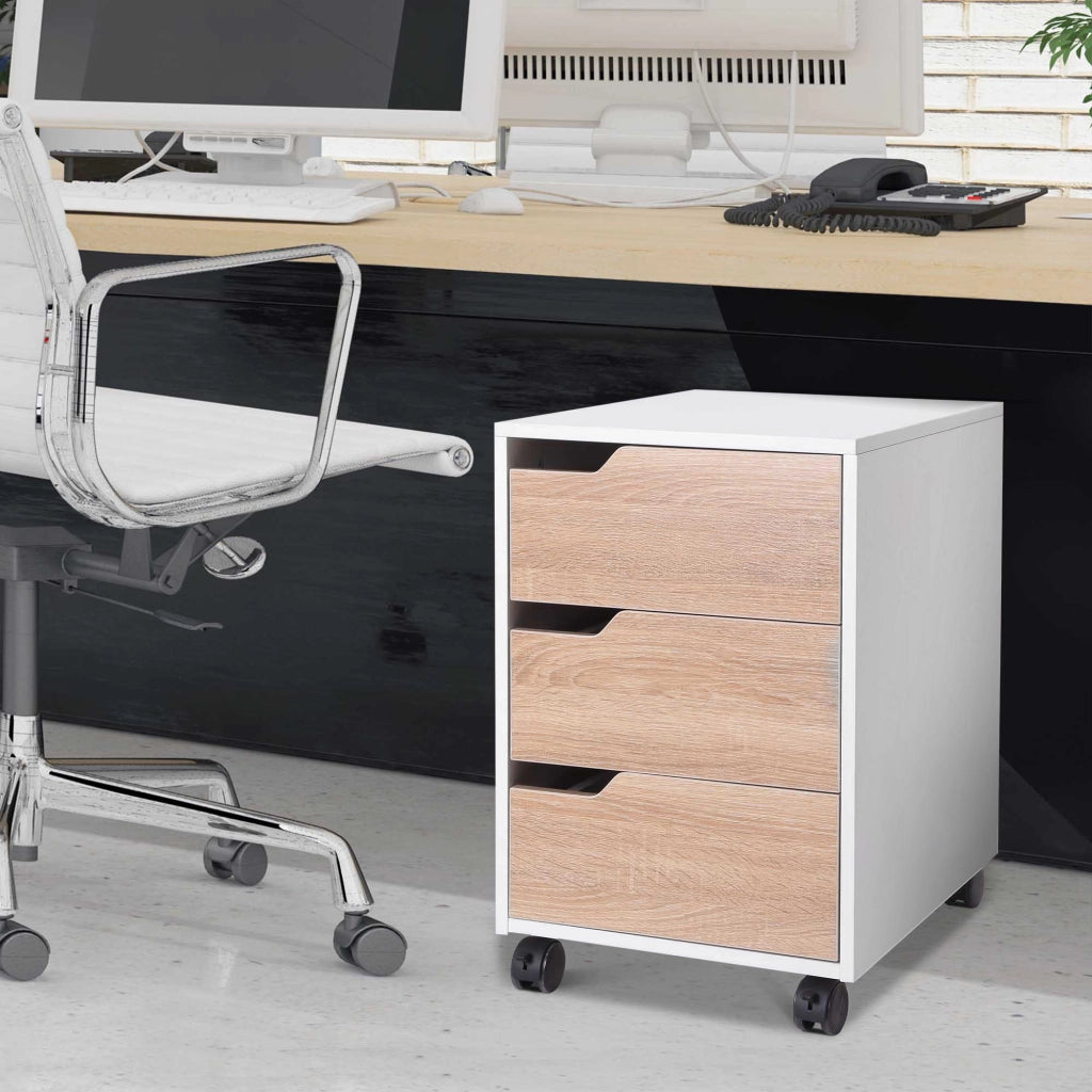 Cassettiera con Ruote ¨C zephmum ¨C 3 Cassetti, Quercia e Bianco, 40x50x57,5 cm