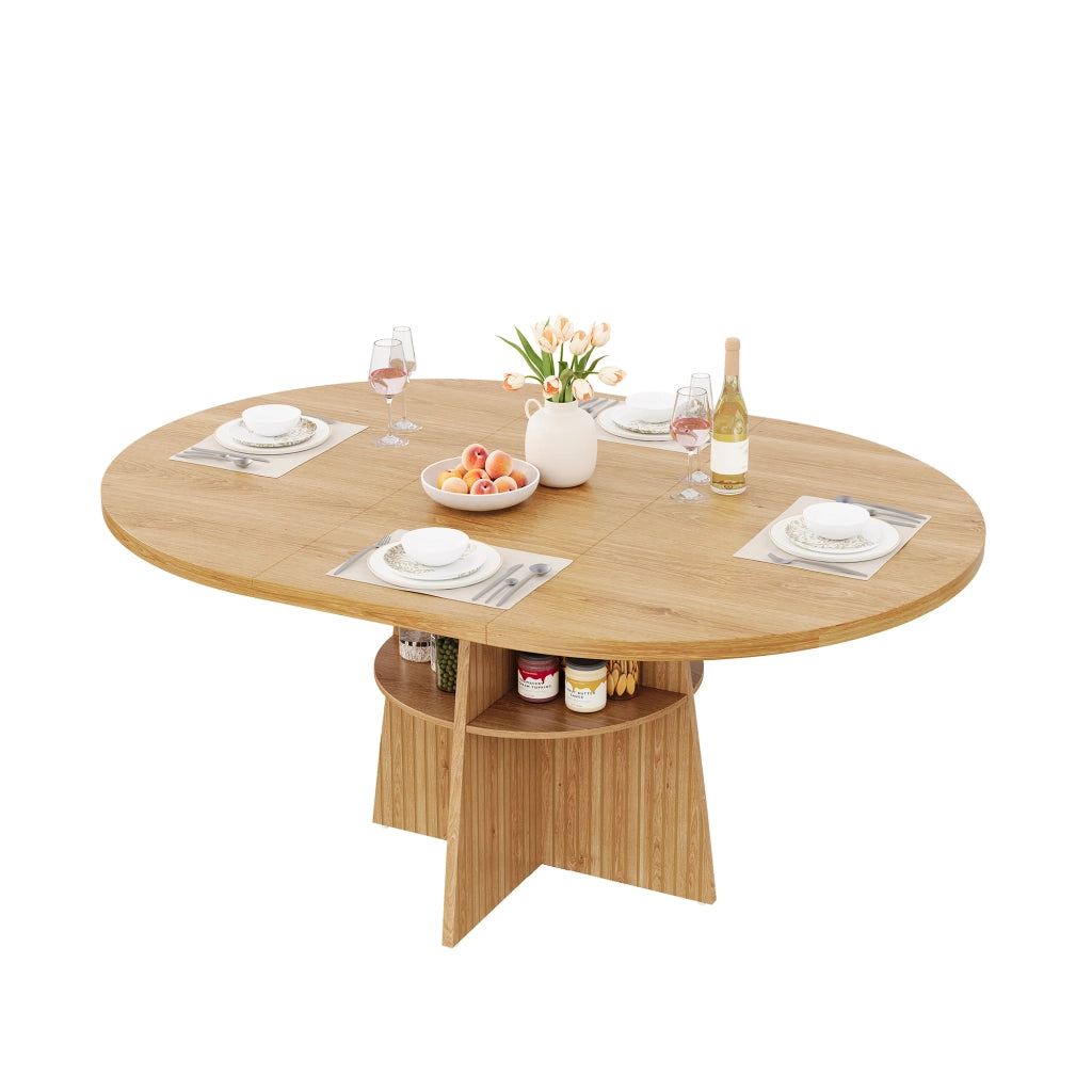 Tavolo da pranzo rotondo allungabile 2-8 posti con ripiano - per cucina - in MDF - naturale