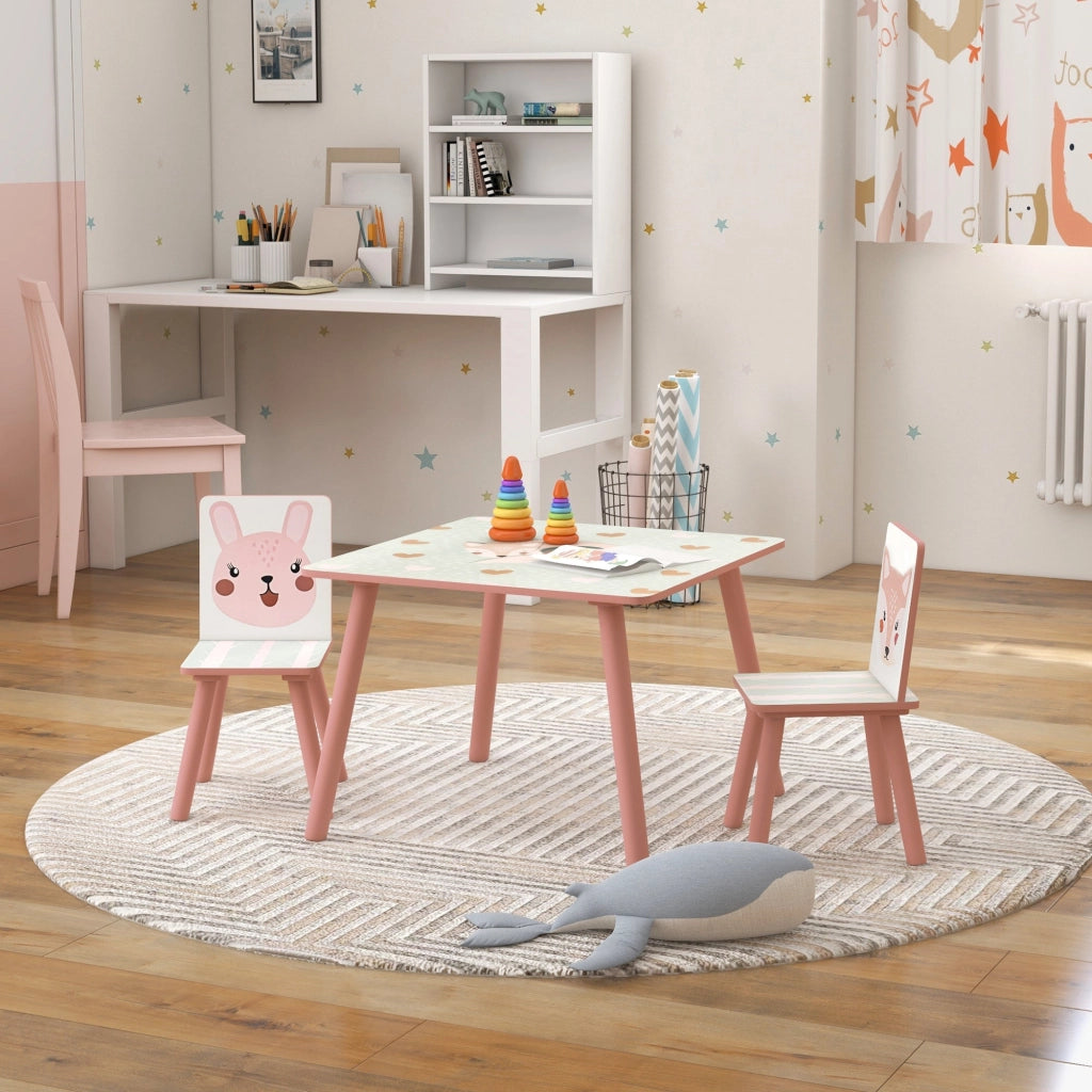 Set Tavolo con 2 Sedie per Bambini in Legno di Pino e MDF Rosa