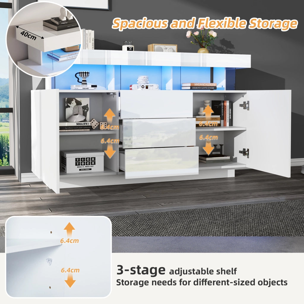 Credenza con 3 cassetti; 2 ante e illuminazione LED - 140 x 35 x 80 cm - bianco