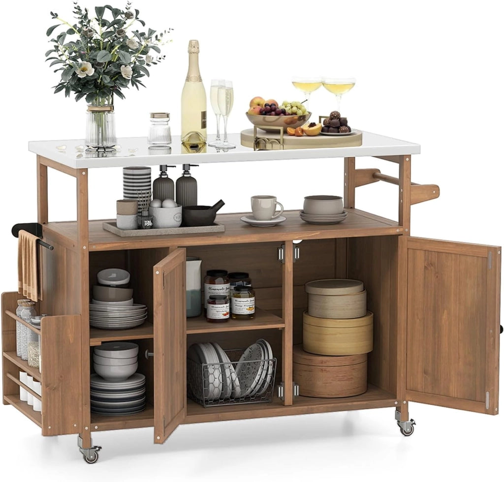 Carrello da giardino in legno esterno con piano di lavoro in acciaio inox, 3 ripiani, armadietto, 4 ruote universali, 118 x 47 x 92 cm, carico 50 kg