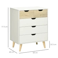 Cassettiera a 5 Cassetti per Camera da Letto con Maniglie Intagliate, 60x40x77.5cm, Bianco e Legno