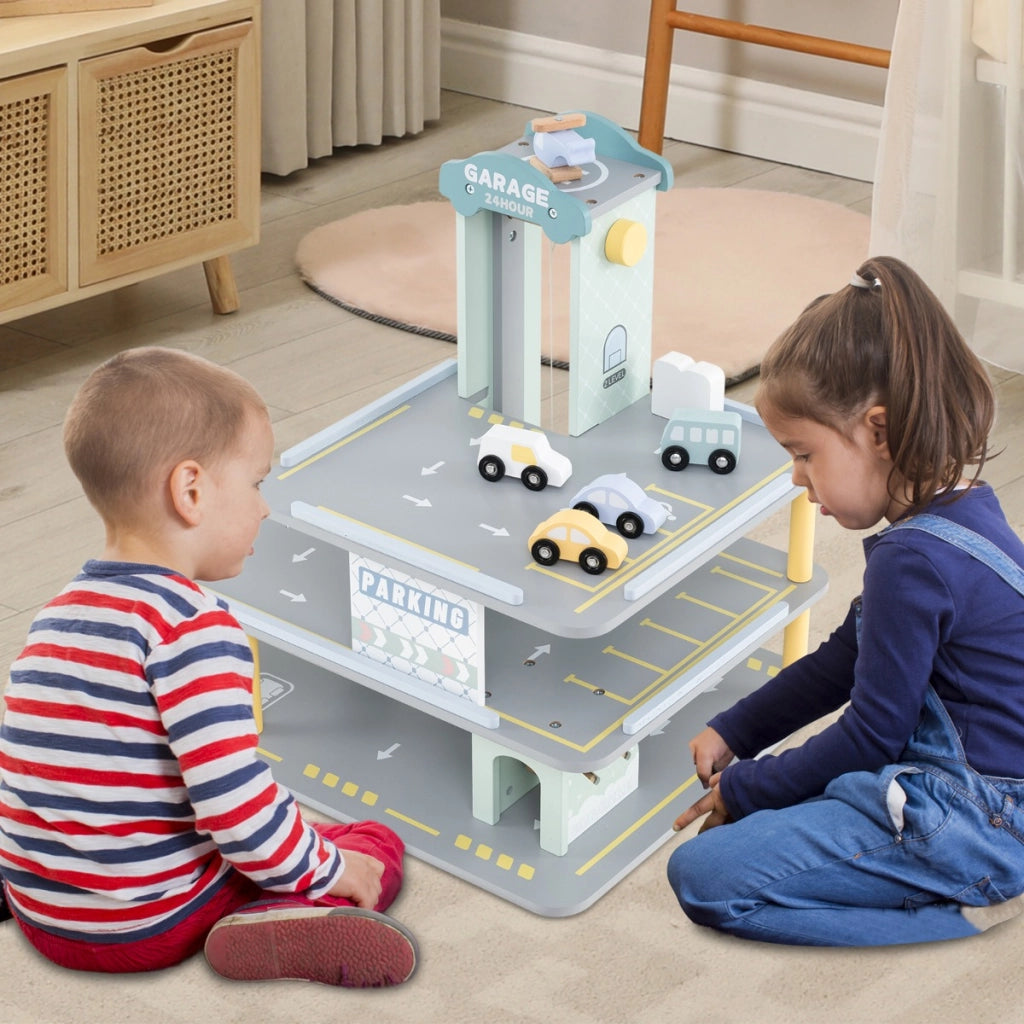 Set di gioco garage per parcheggio in legno a 3 strati con 4 auto elipista, Garage di giocattolo per 3+ anni Grigio