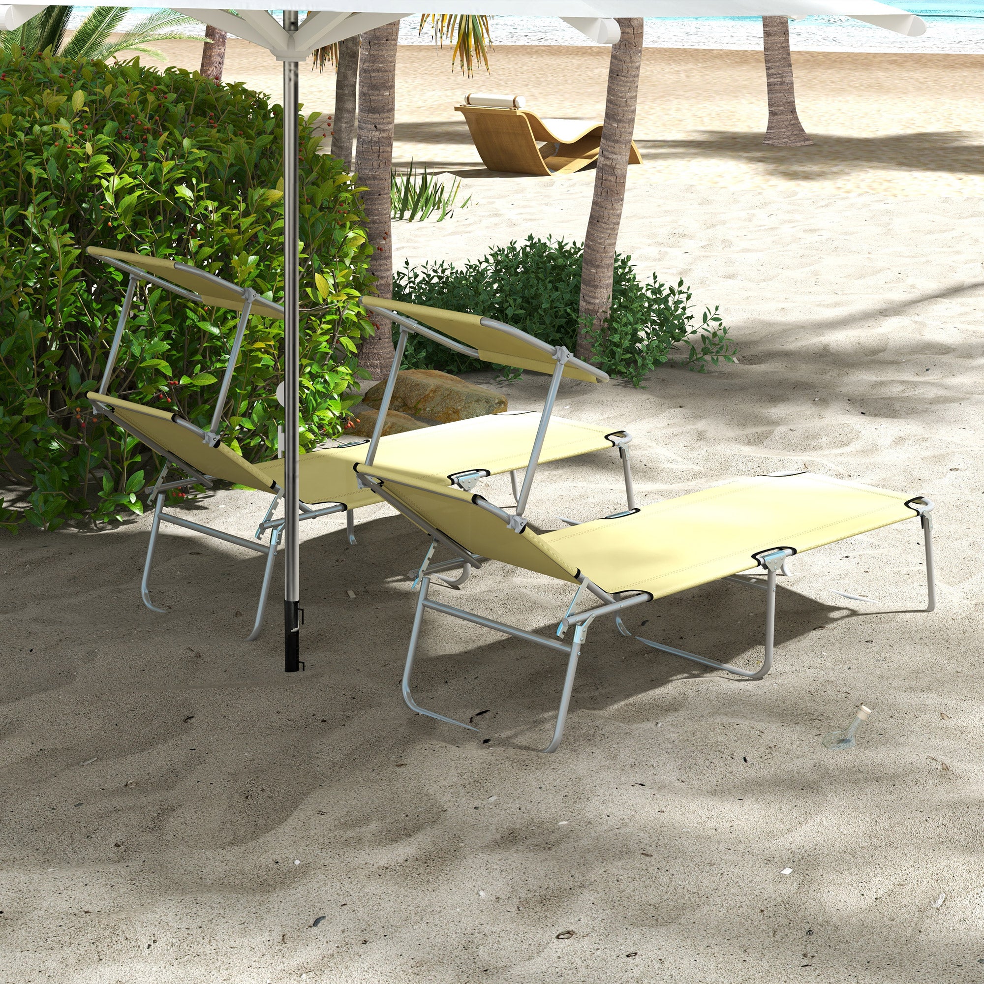 Set 2 Sdraio da Giardino 187x58x36 cm Pieghevoli con Schienale e Tettuccio Regolabili Beige