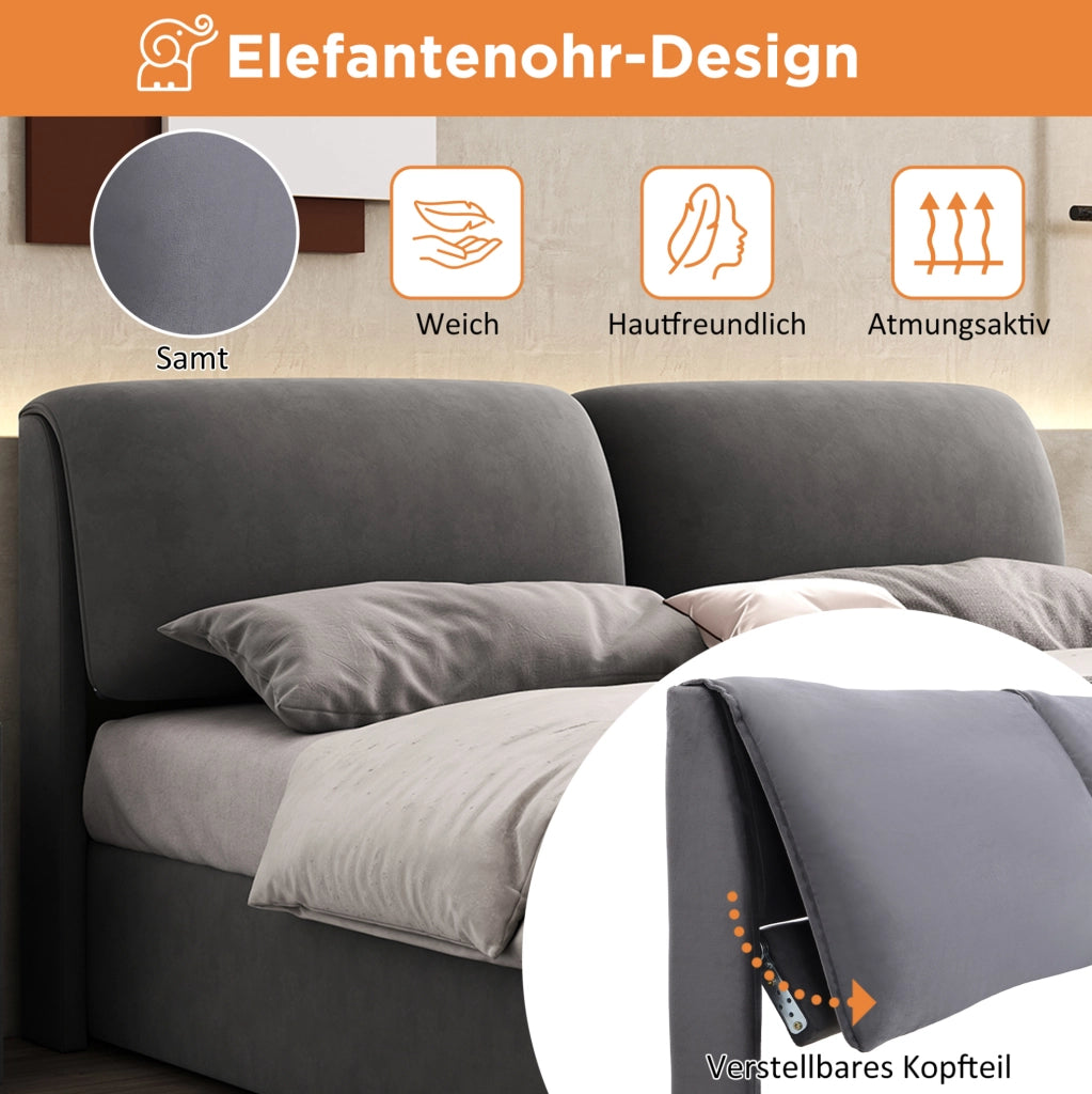 Letto matrimoniale 180x200 cm con contenitore idraulico e 3 cassetti; in velluto grigio