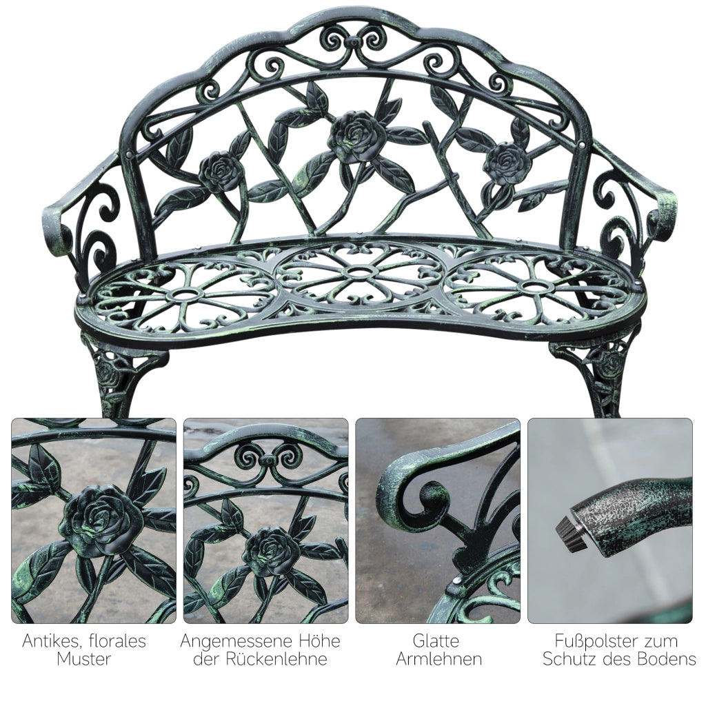 Panca da Giardino 2 Posti con Schienale Motivo Floreale e Dettagli Vintage in Metallo Verde Antico 100 x 54 x 78 cm