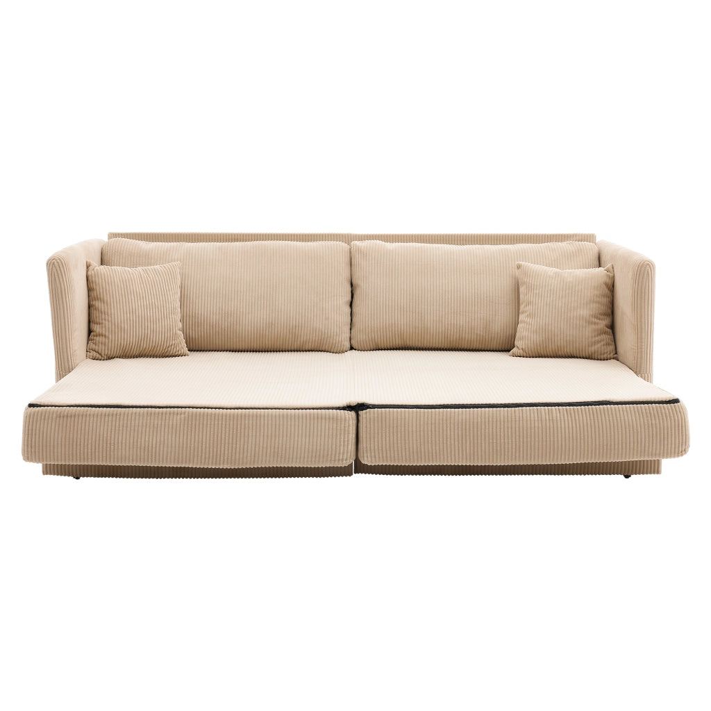 Divano letto 2 posti trasformabile con imbottitura in schiuma e braccioli in legno, velluto a coste beige