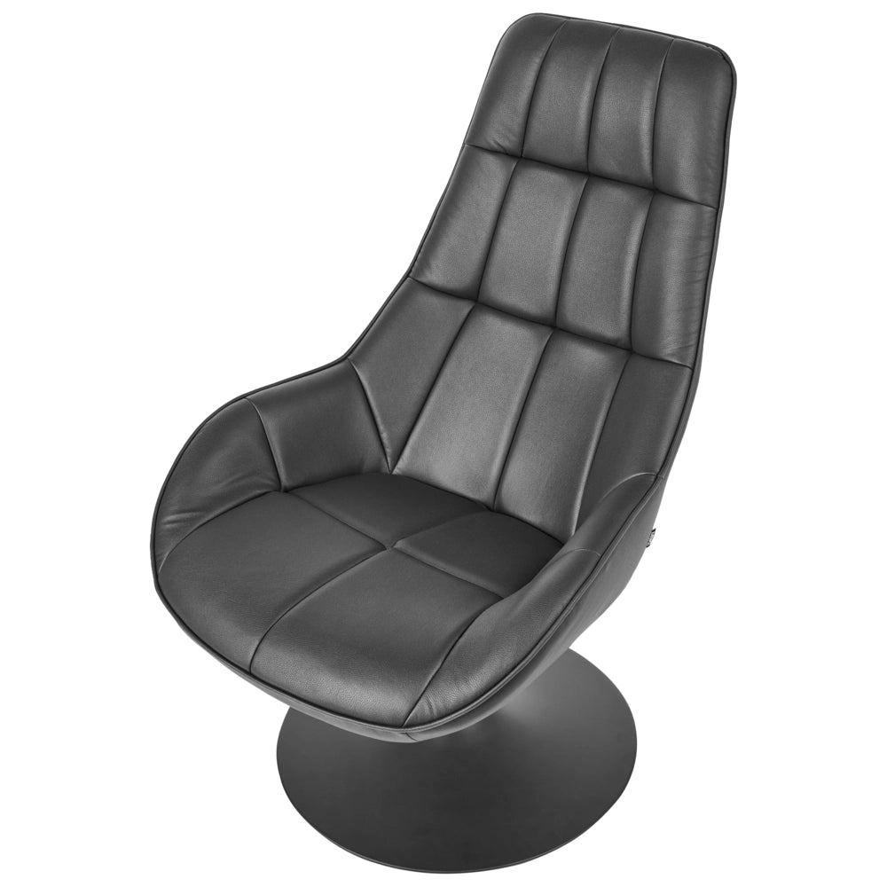 Poltrona girevole in ecopelle nero, base singola, con seduta imbottita e cuciture decorative, stile moderno di metà secolo